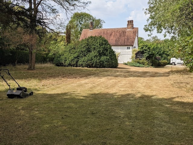 cut grass outside cottage